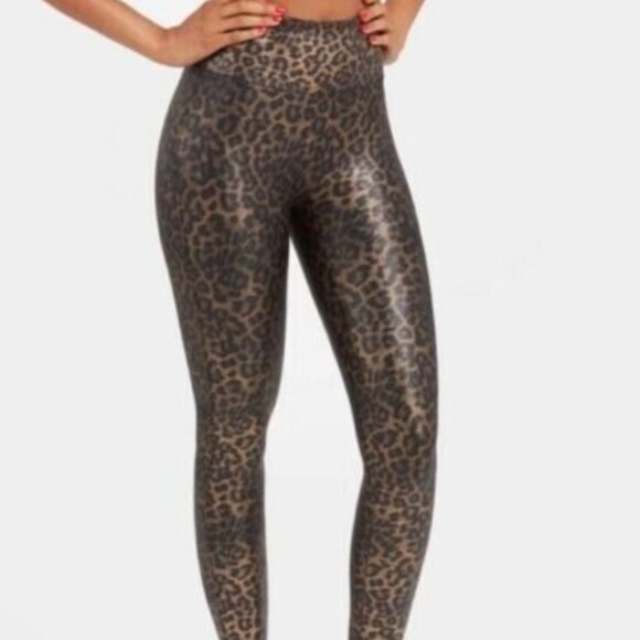 Spanx Faux Leather Leopard Print Shiny Leggings XS - Picture 1 of 9